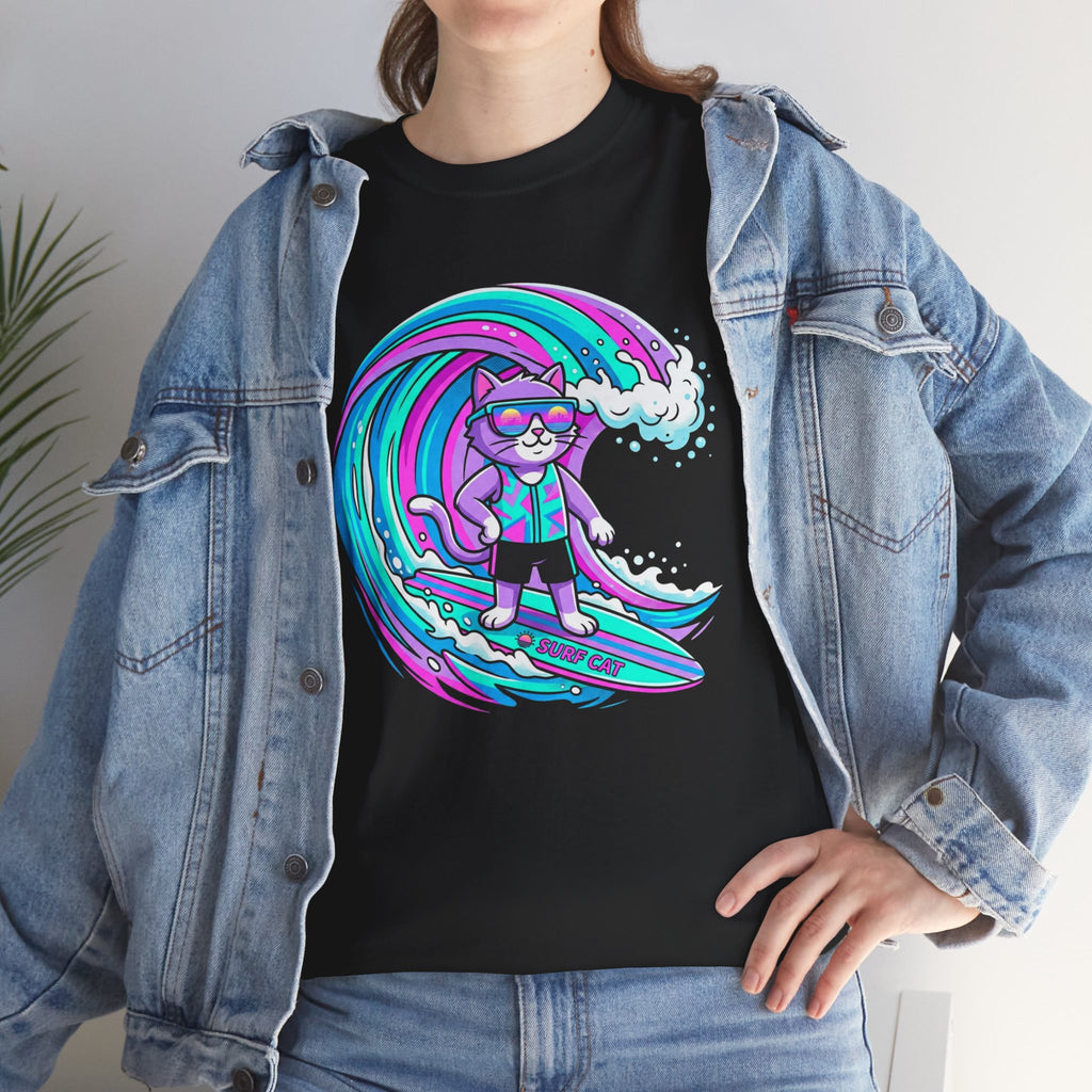 Surf Cat Graphic Tee — Neon Wave Surfing Cat Shirt