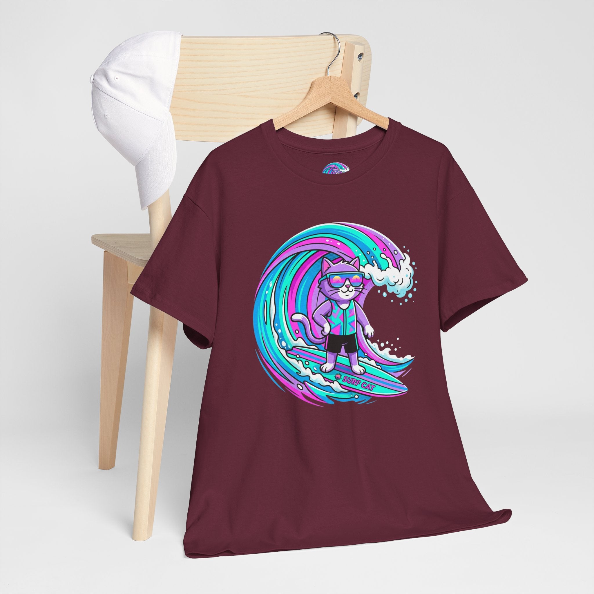 Surf Cat Graphic Tee — Neon Wave Surfing Cat Shirt
