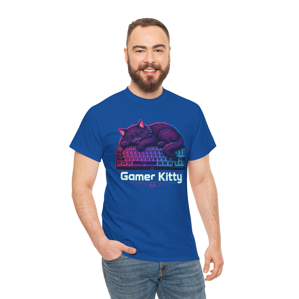 T-Shirt — Gamer Kitty Sleeping on Keyboard Retro Neon Graphic