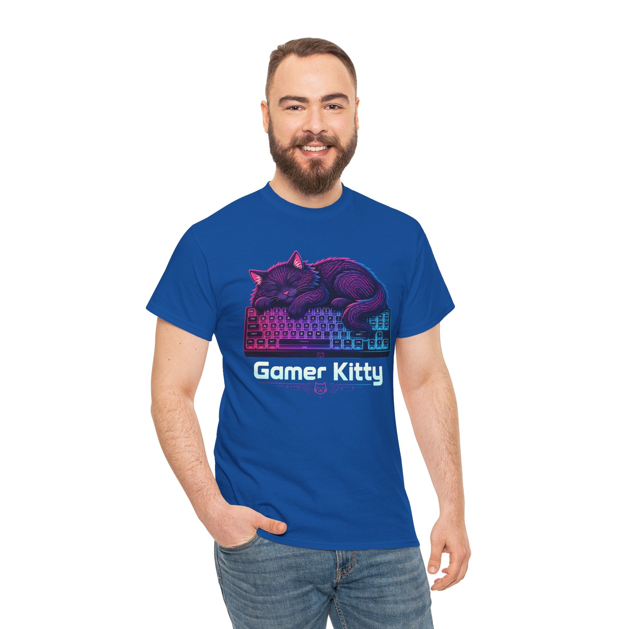T-Shirt — Gamer Kitty Sleeping on Keyboard Retro Neon Graphic