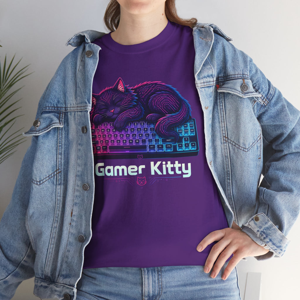 T-Shirt — Gamer Kitty Sleeping on Keyboard Retro Neon Graphic