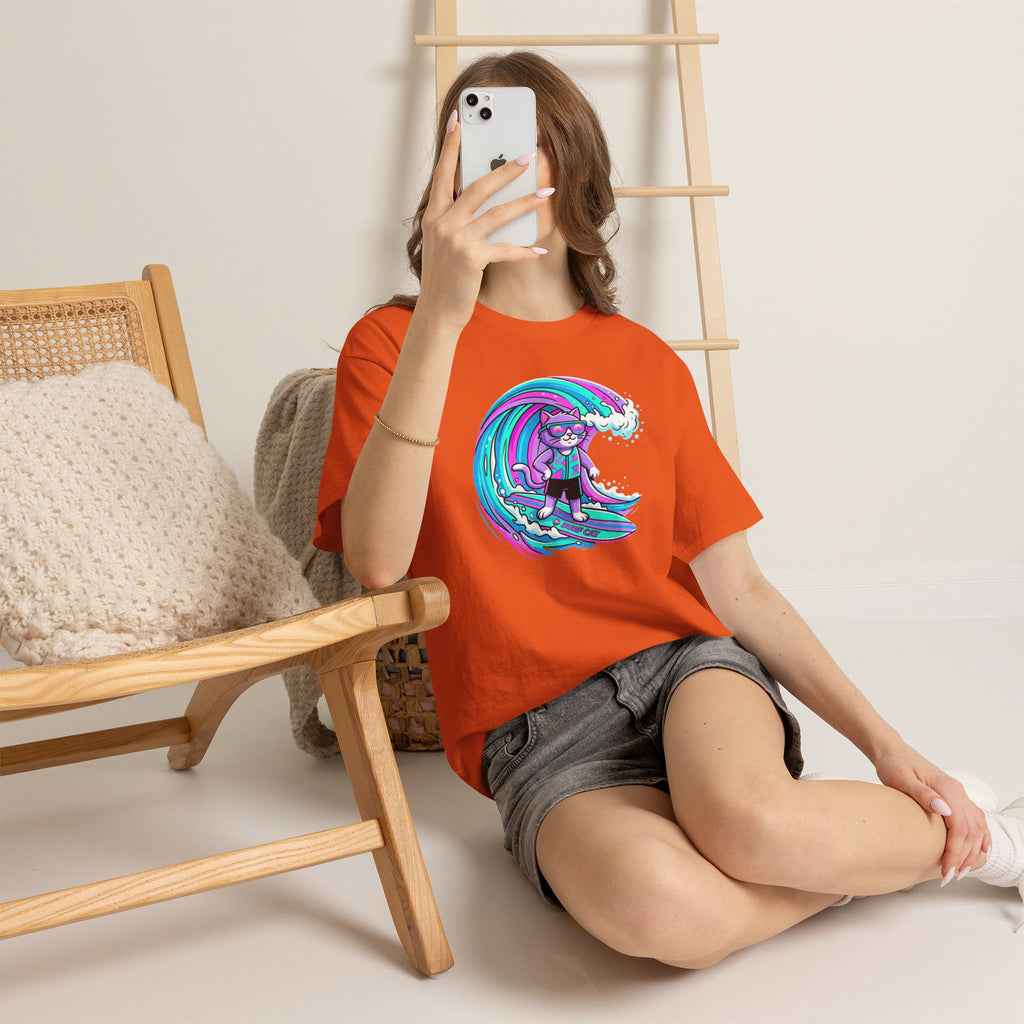 Surf Cat Graphic Tee — Neon Wave Surfing Cat Shirt