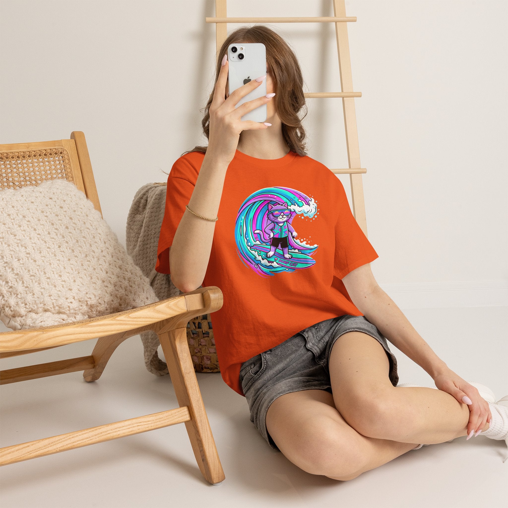 Surf Cat Graphic Tee — Neon Wave Surfing Cat Shirt