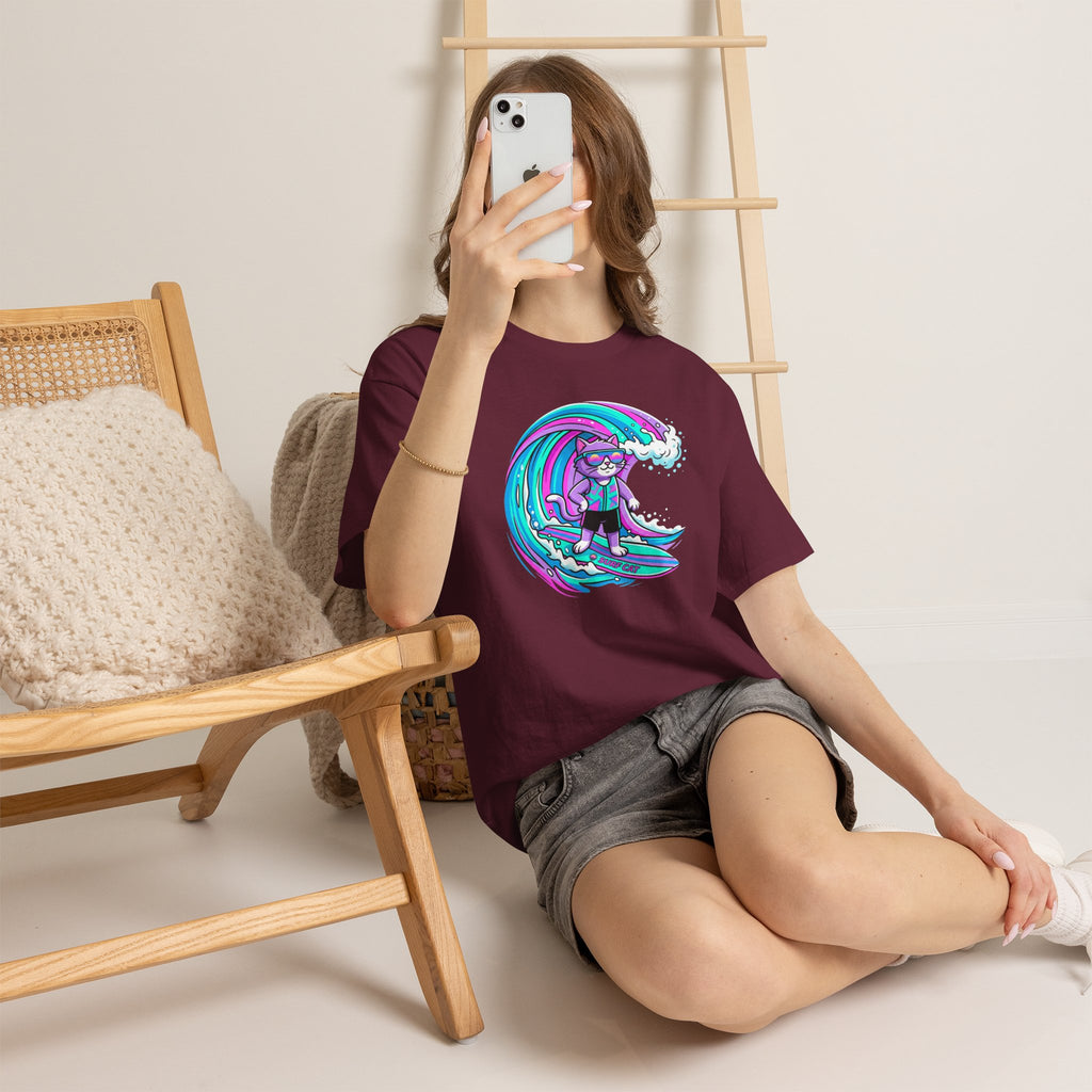 Surf Cat Graphic Tee — Neon Wave Surfing Cat Shirt