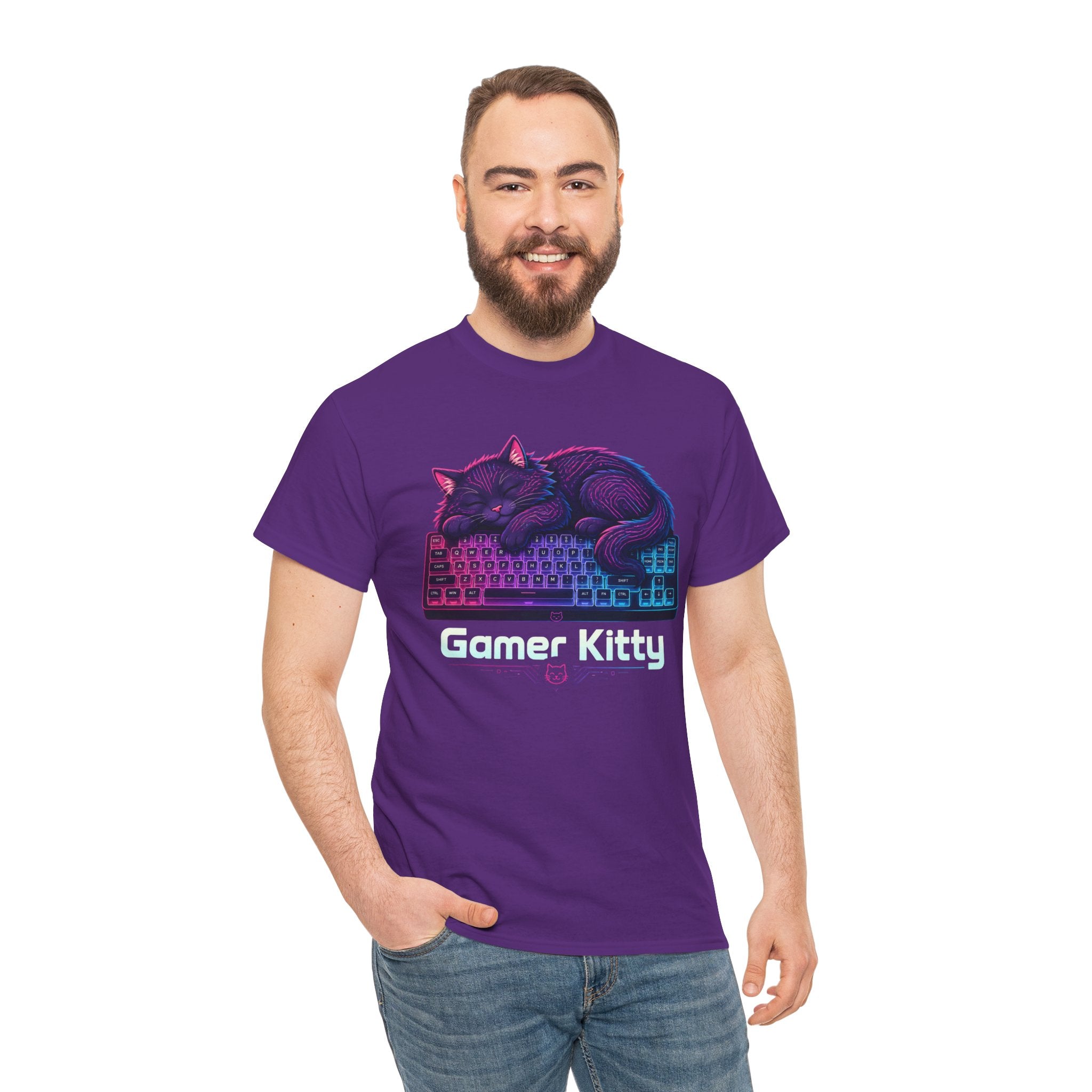 T-Shirt — Gamer Kitty Sleeping on Keyboard Retro Neon Graphic