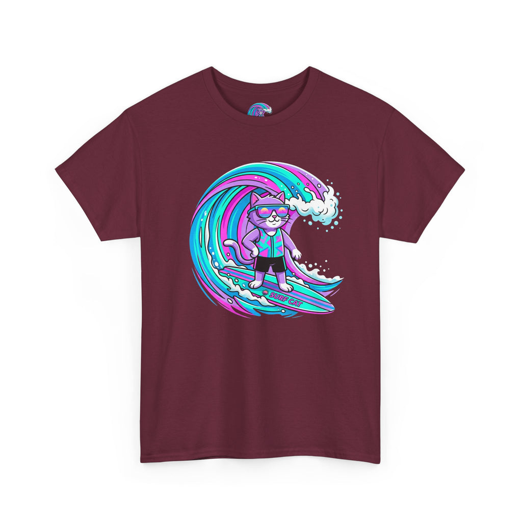 Surf Cat Graphic Tee — Neon Wave Surfing Cat Shirt