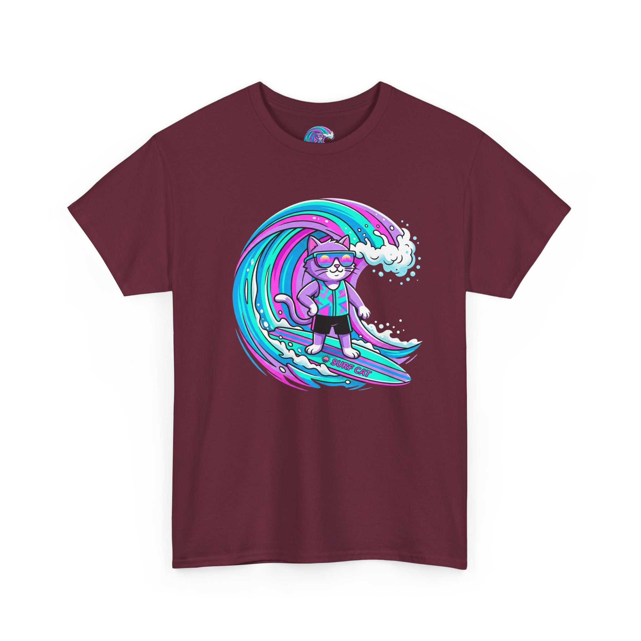 Surf Cat Graphic Tee — Neon Wave Surfing Cat Shirt