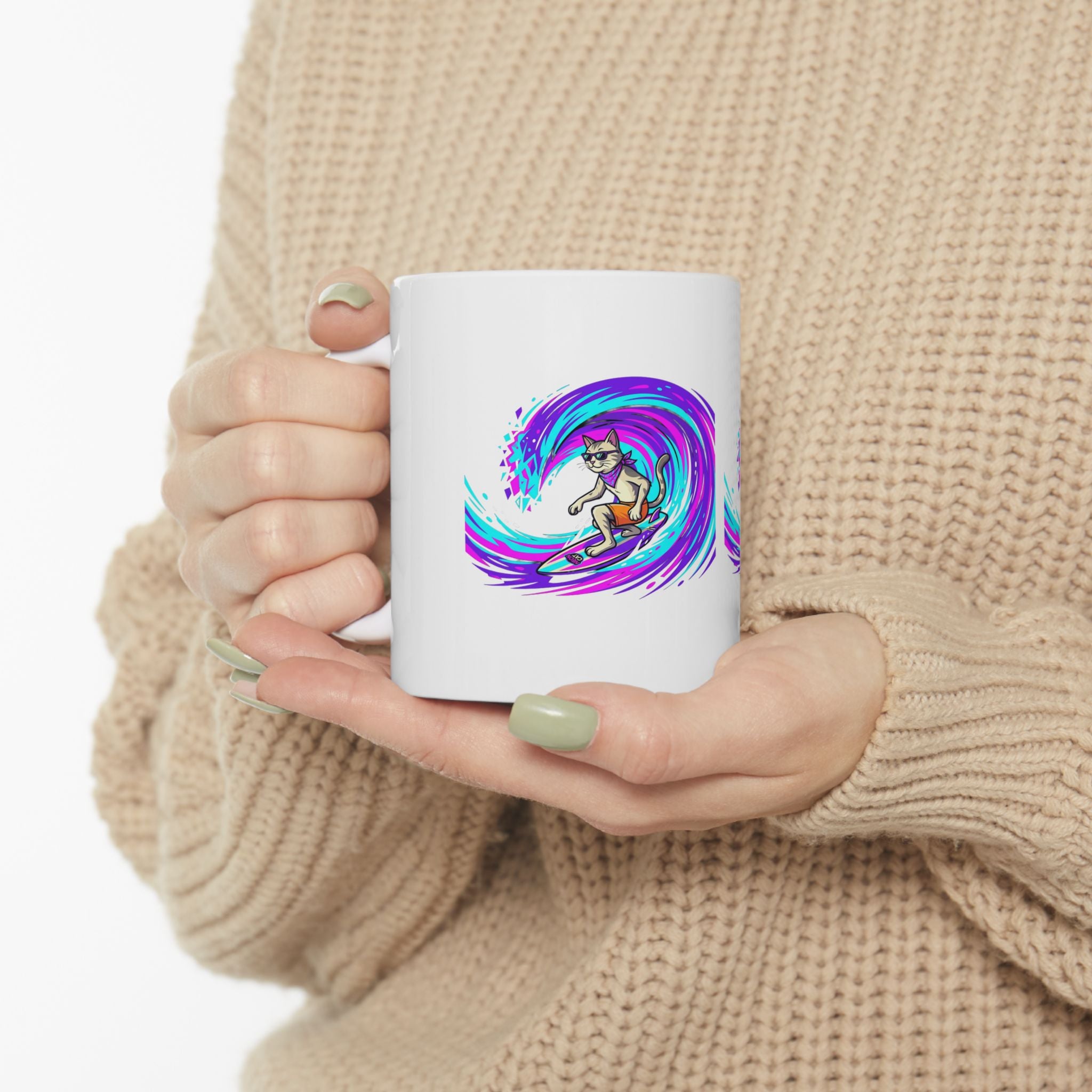 Surfing Cat Ceramic Mug — Colorful Wave Art Coffee Cup (11oz, 15oz)