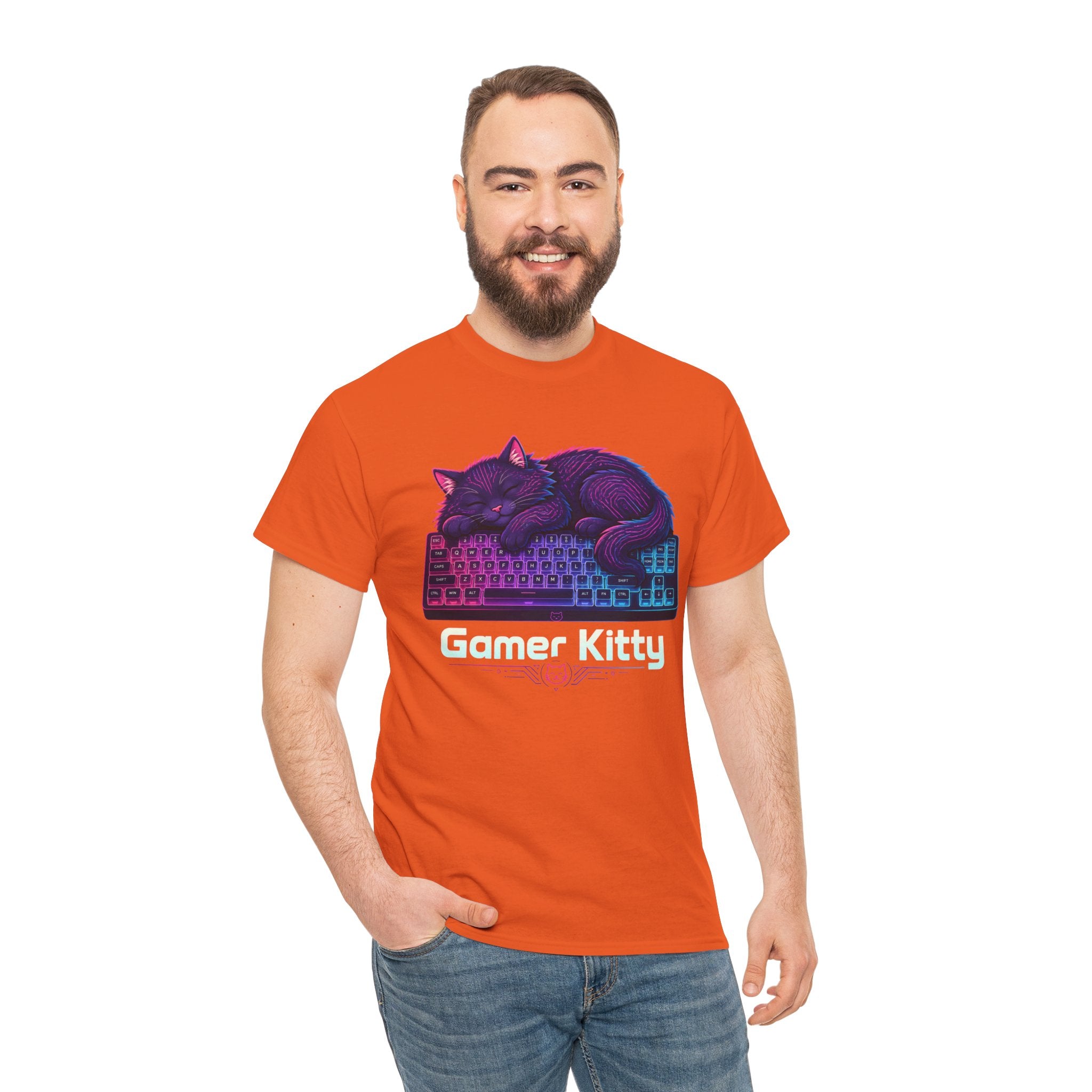 T-Shirt — Gamer Kitty Sleeping on Keyboard Retro Neon Graphic