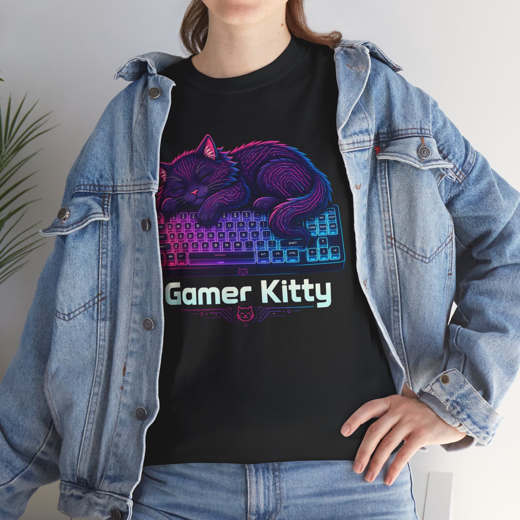 T-Shirt — Gamer Kitty Sleeping on Keyboard Retro Neon Graphic