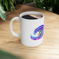 Surfing Cat Ceramic Mug — Colorful Wave Art Coffee Cup (11oz, 15oz)