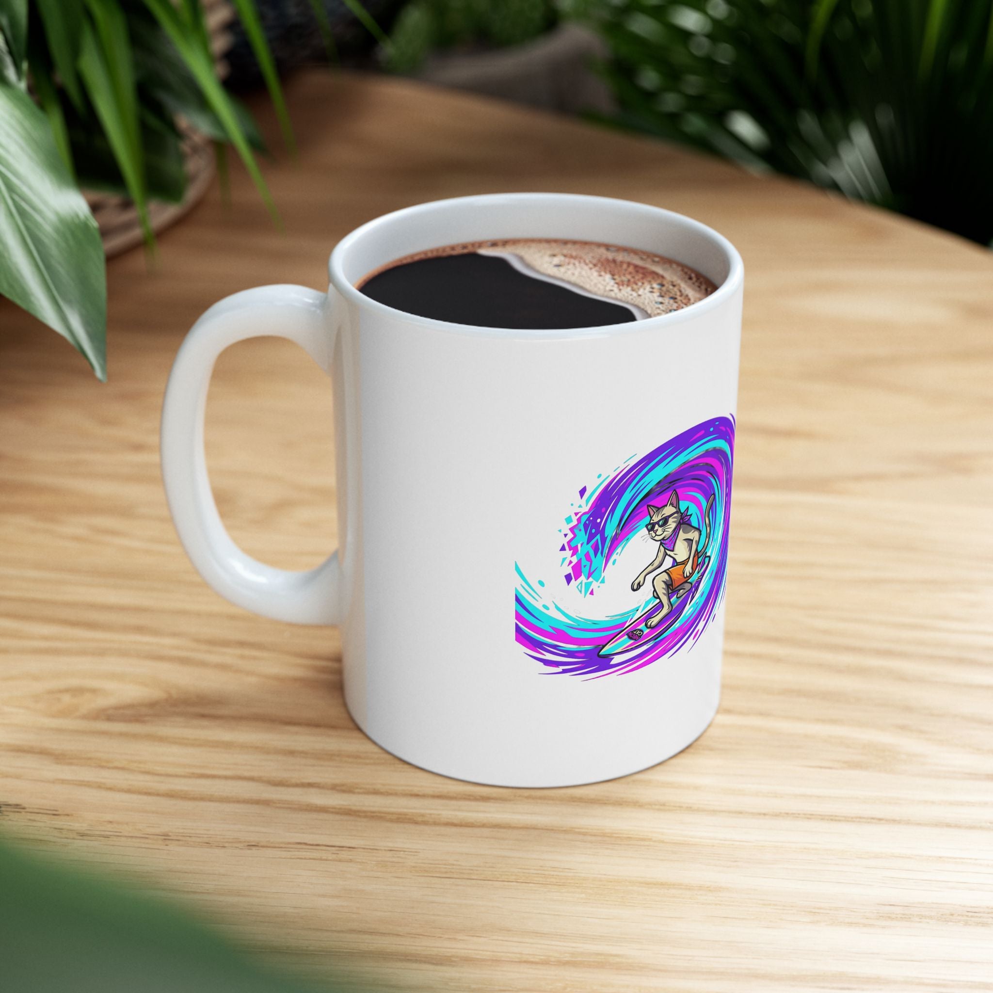 Surfing Cat Ceramic Mug — Colorful Wave Art Coffee Cup (11oz, 15oz)
