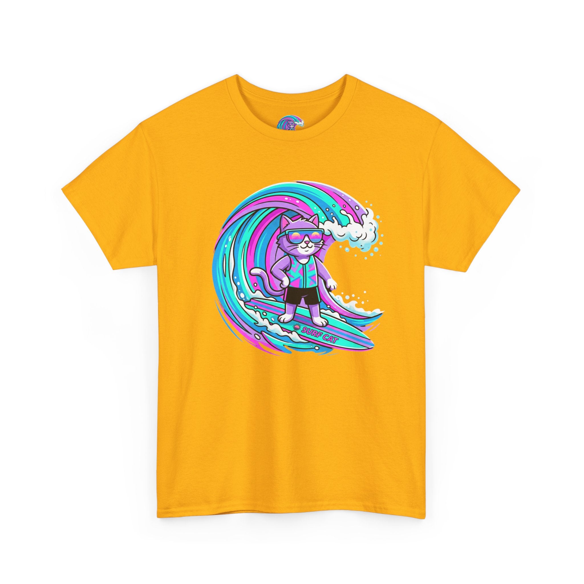 Surf Cat Graphic Tee — Neon Wave Surfing Cat Shirt