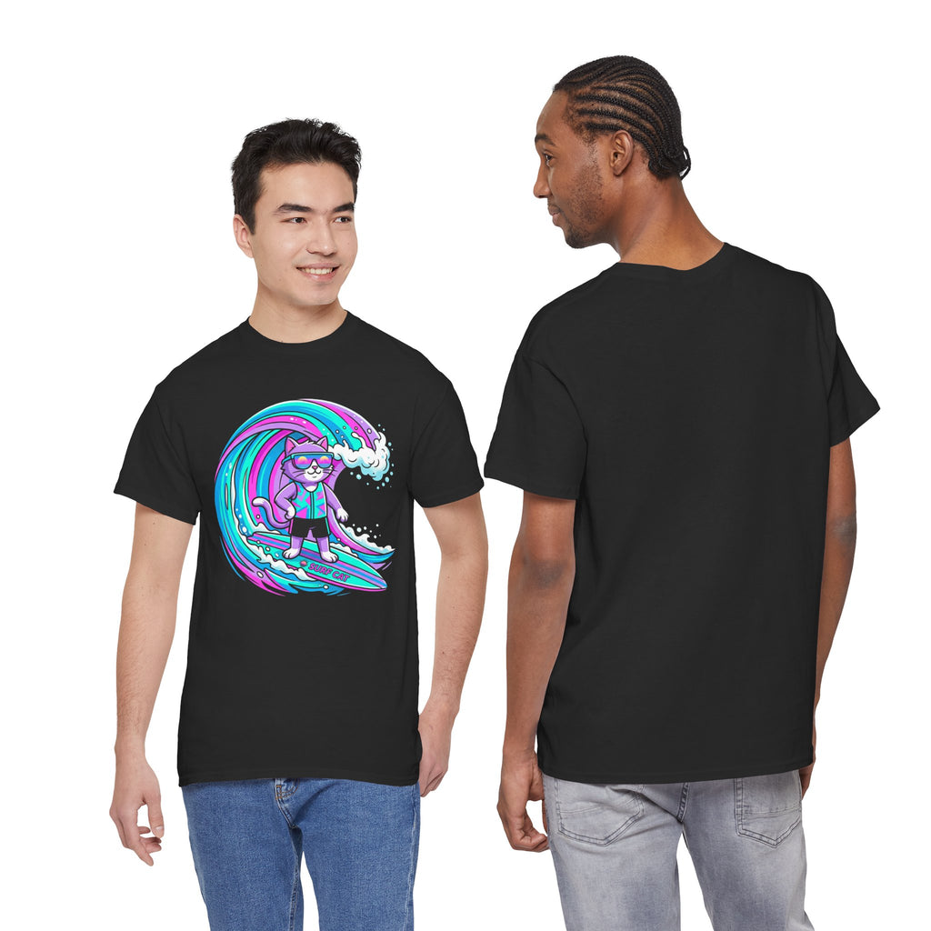 Surf Cat Graphic Tee — Neon Wave Surfing Cat Shirt