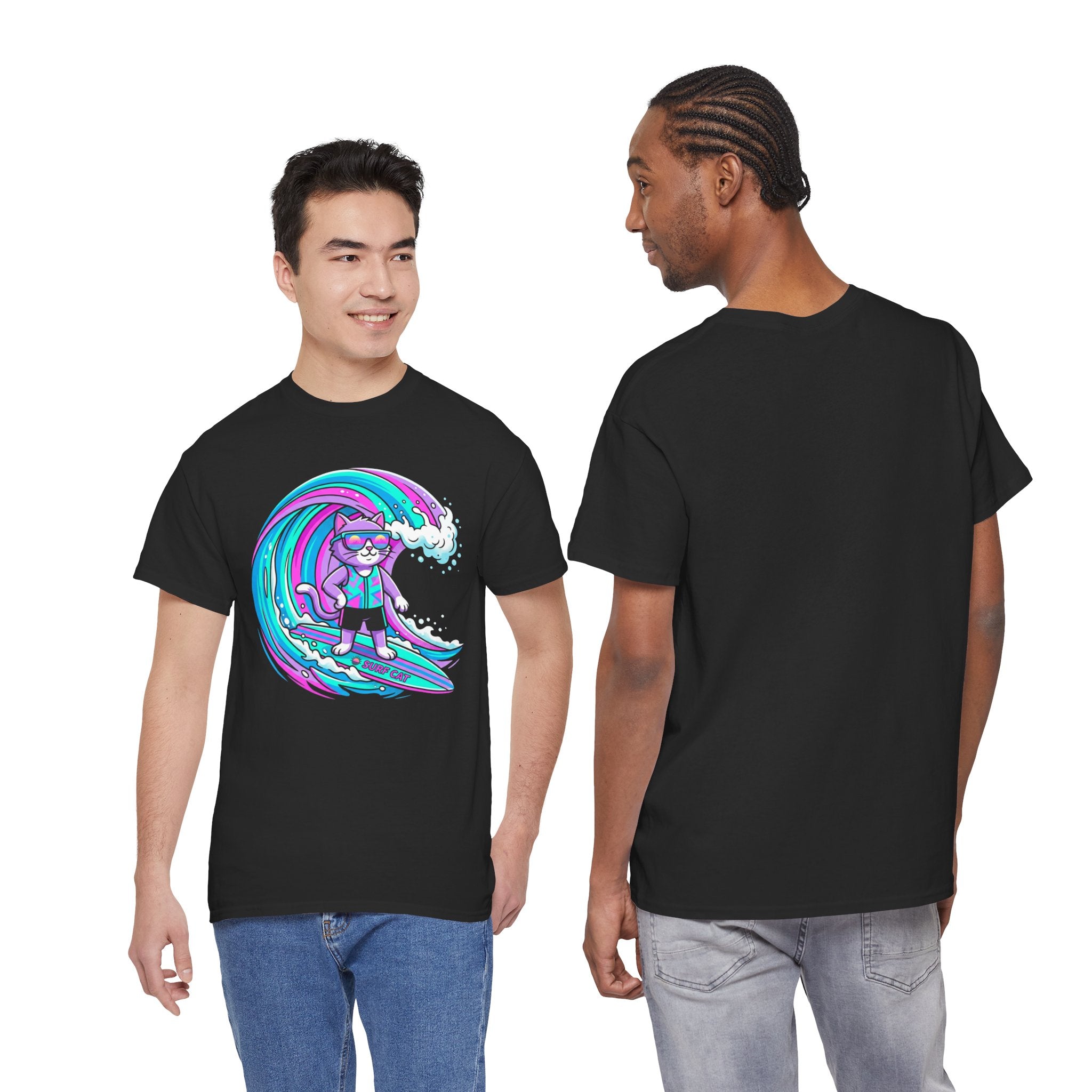 Surf Cat Graphic Tee — Neon Wave Surfing Cat Shirt