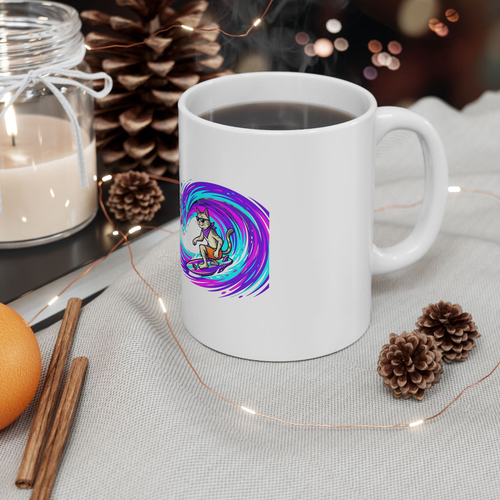 Surfing Cat Ceramic Mug — Colorful Wave Art Coffee Cup (11oz, 15oz)