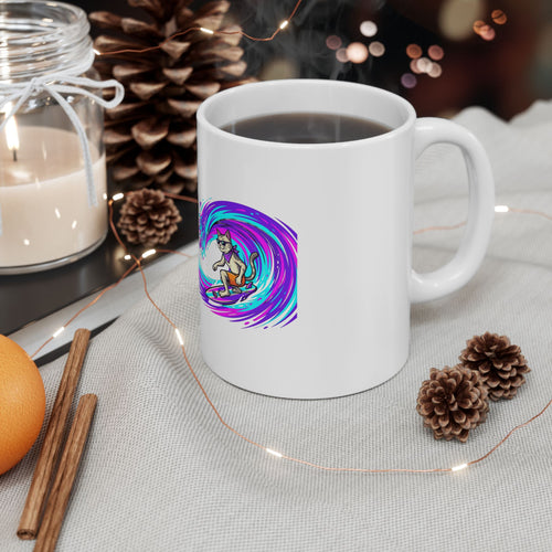 Surfing Cat Ceramic Mug — Colorful Wave Art Coffee Cup (11oz, 15oz)